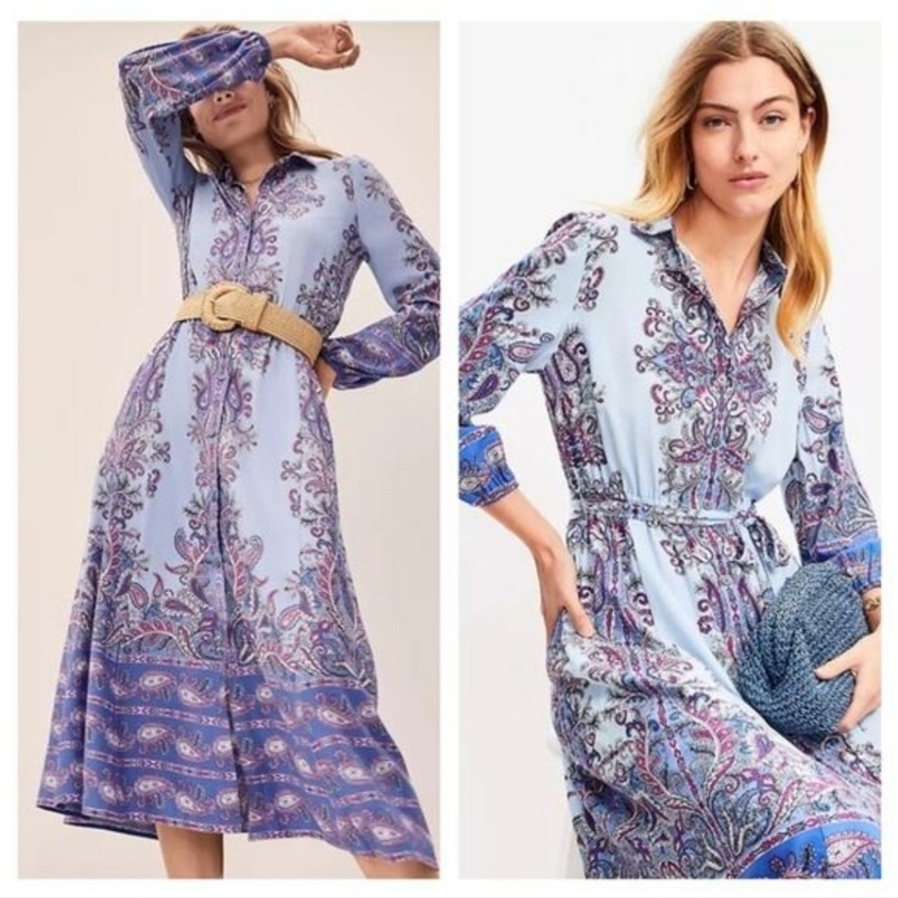 LOFT Blue and Purple Paisley Long Sleeve Dress Size Large